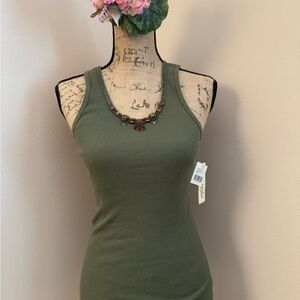 Khaki Embellished Ribbed Tank Top